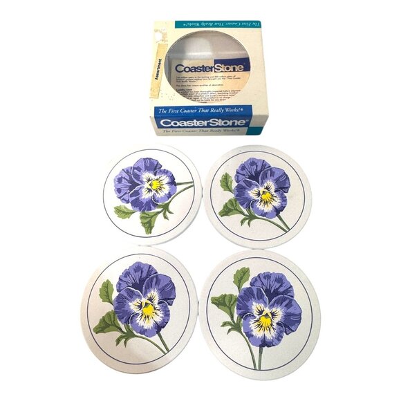 Set Of 4 CoasterStone Absorbent Stone Coasters With Purple Pansy Design In Box - Picture 1 of 6